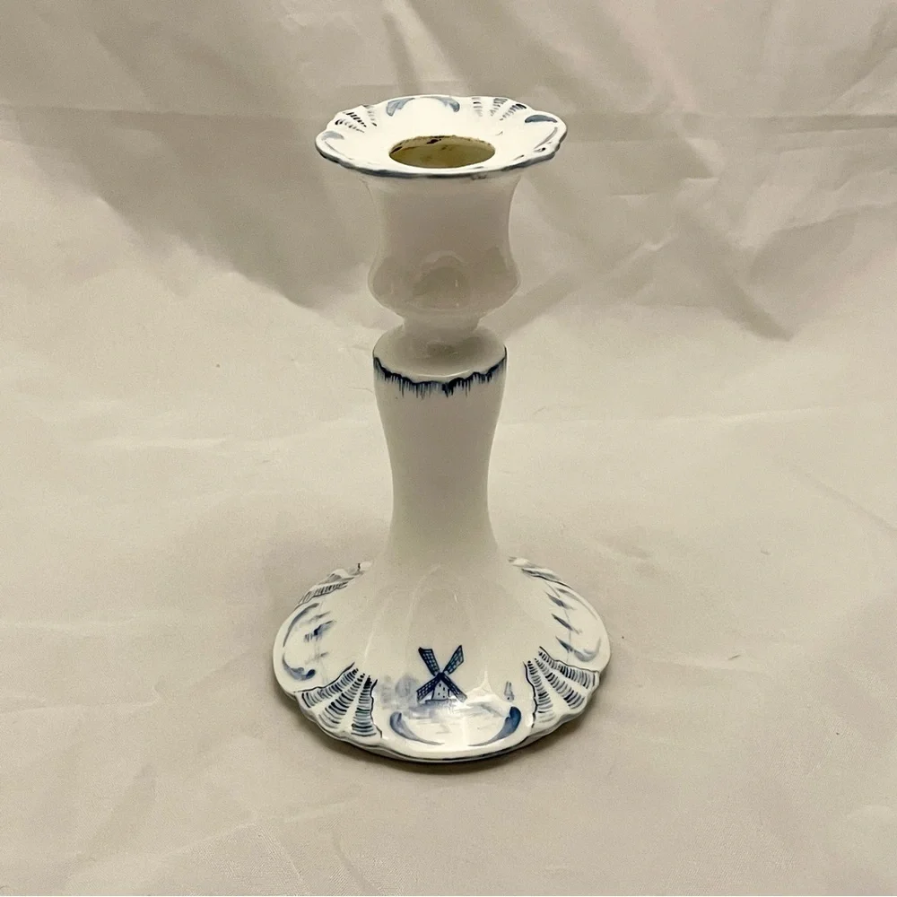 Farmhouse Style Candlestick, Blue & White Windmills, Signed on Bottom, VTG EUC